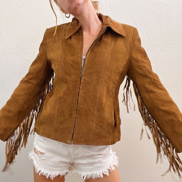 Vintage 100% Genuine Leather Brown Suede Fringe Zip Up Jacket - Picture 3 of 6